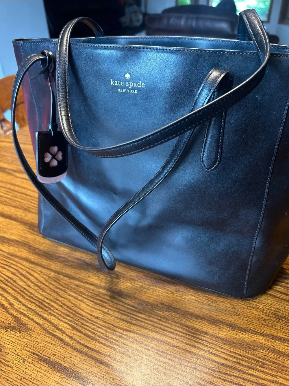 kate spade Black Leather Tote with Gold Logo Accent